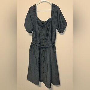 Lane Bryant Blue Denim Chambray A Line Dress with Tie Waist Plus Size 24 Pockets